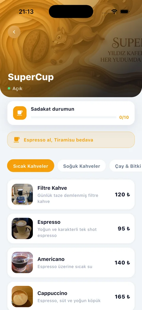 SuperCup kafe detay ve menü ekran görüntüsü