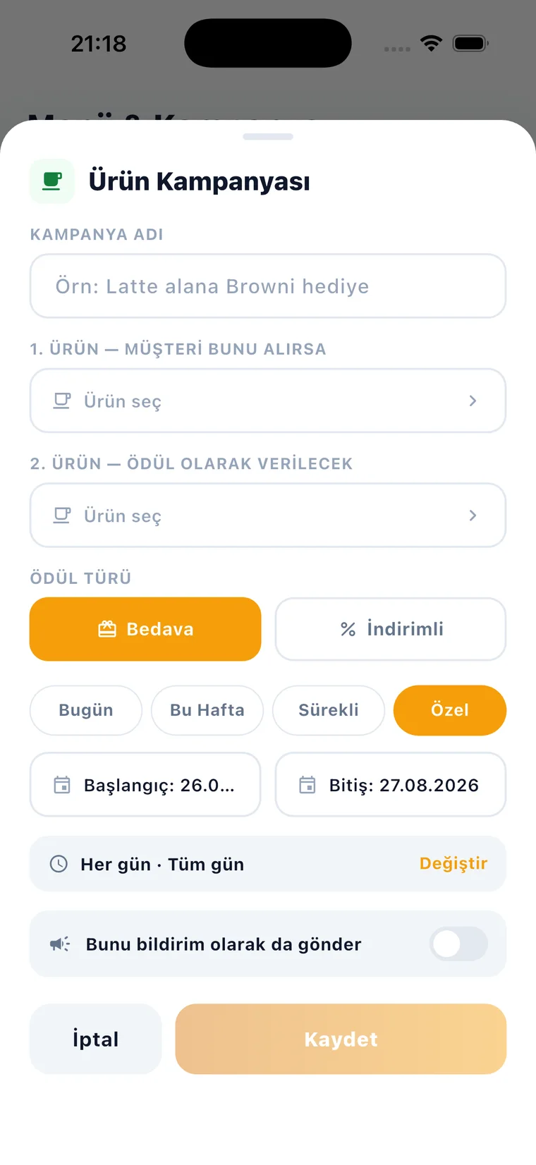 Ürün kampanyası oluşturma ekranı