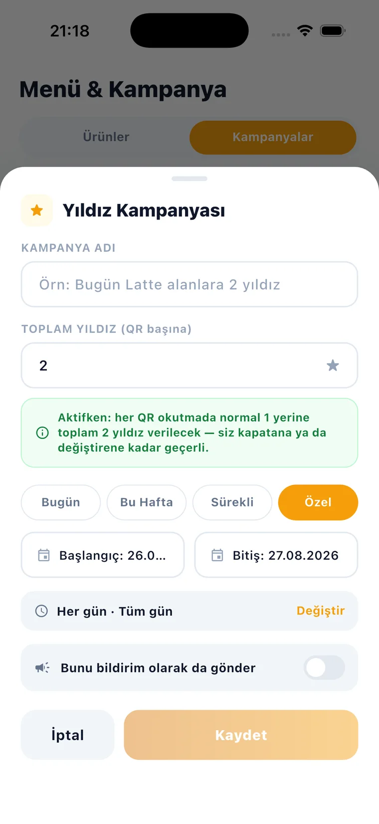 Yıldız kampanyası oluşturma ekranı
