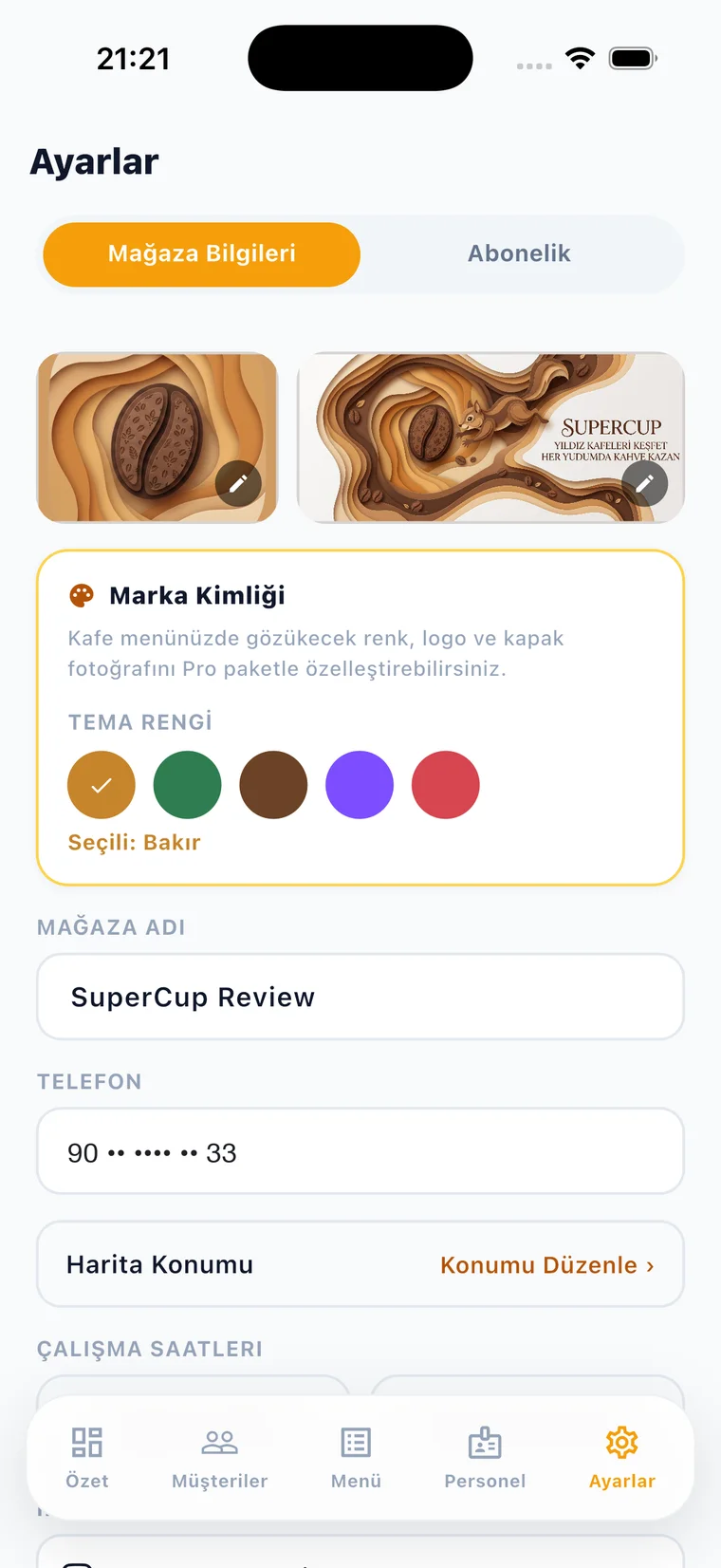 Mağaza bilgileri marka kimliği ekranı