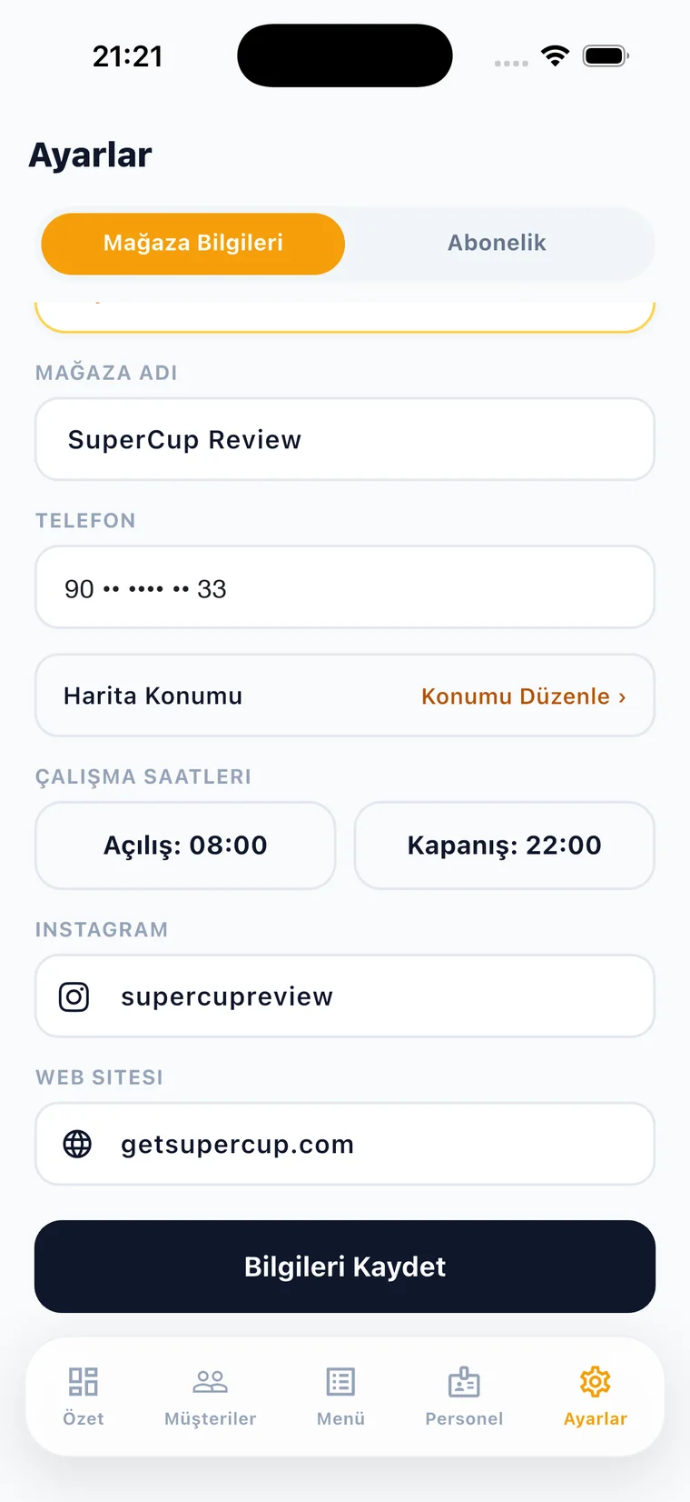 Mağaza bilgileri iletişim ekranı