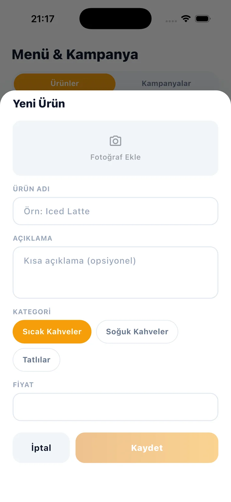 Yeni ürün ekleme ekranı