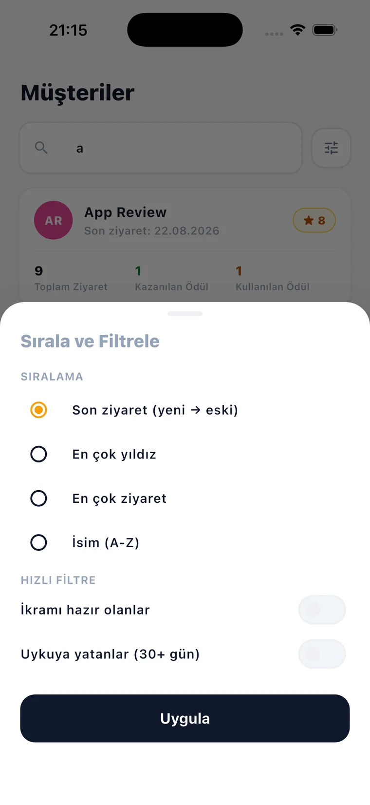 Müşteriler sırala ve filtrele ekranı
