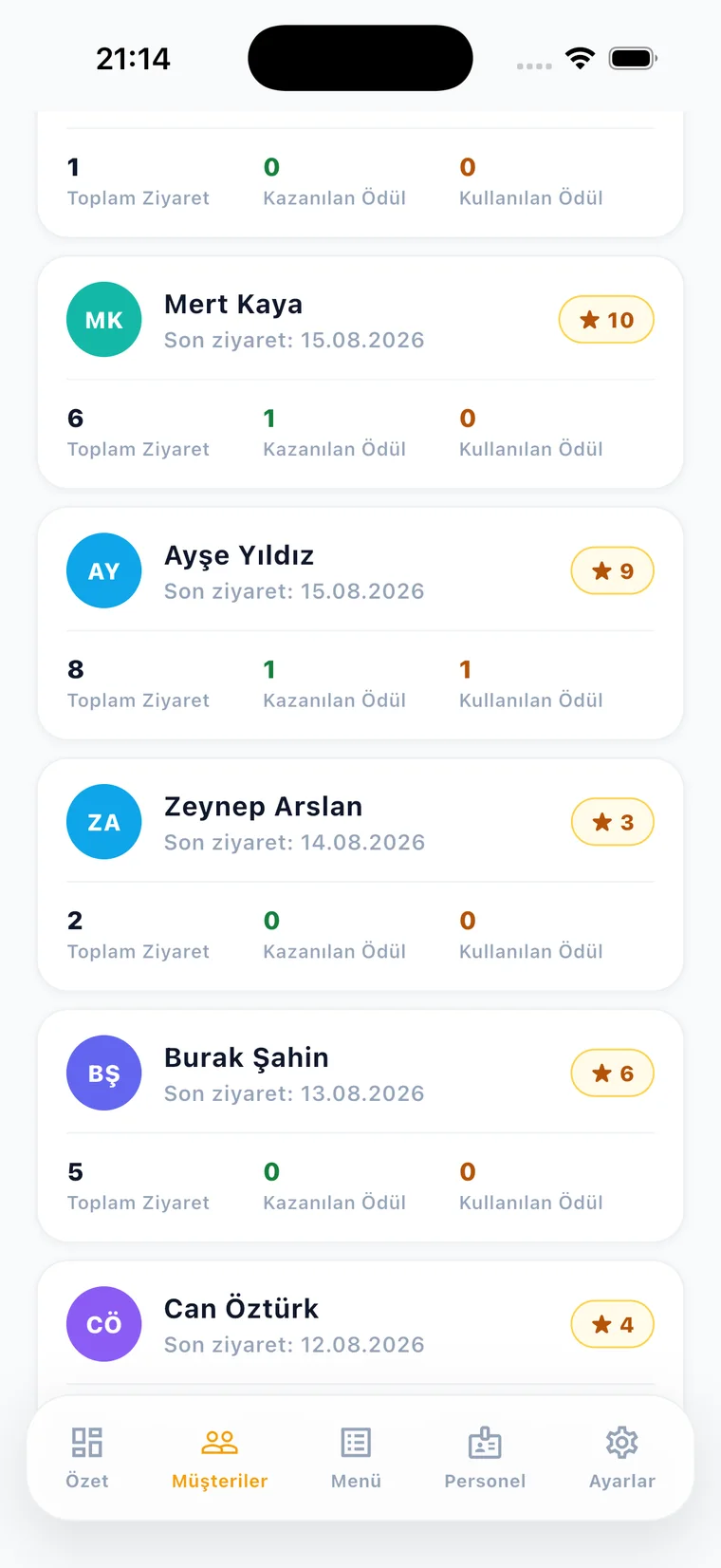 Müşteriler listesi ekranı