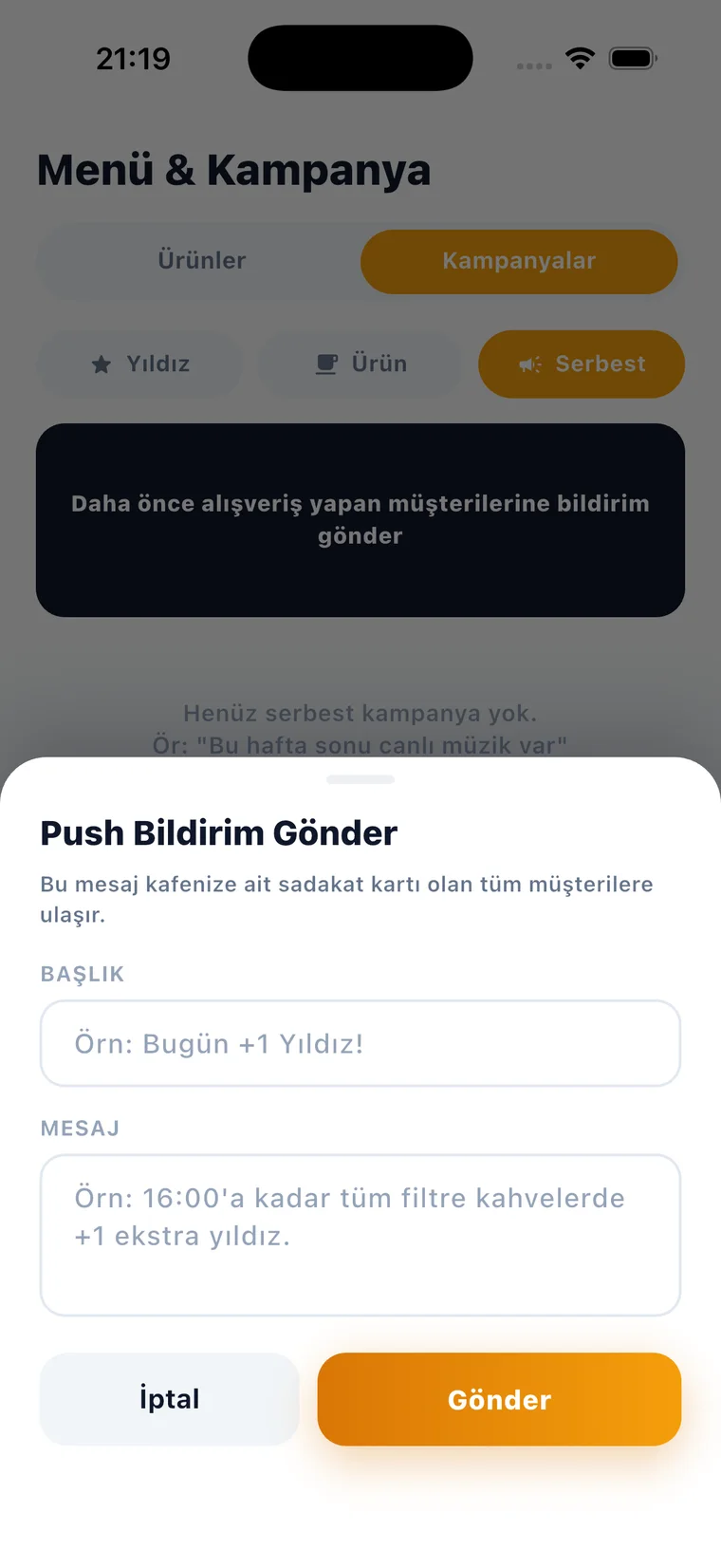 Push bildirim gönderme ekranı